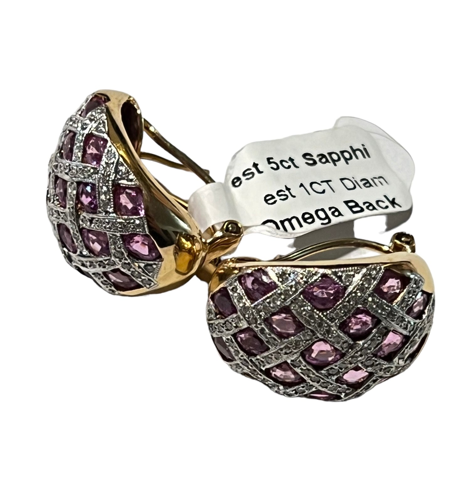 Earring Diamonds sapphire pink 5 cart total 18k gold vintage
4 carat sapphire pink original
1 carat diamonds natural vs f color
18k solid gold
Hand made vintage - diamonds clubs llc