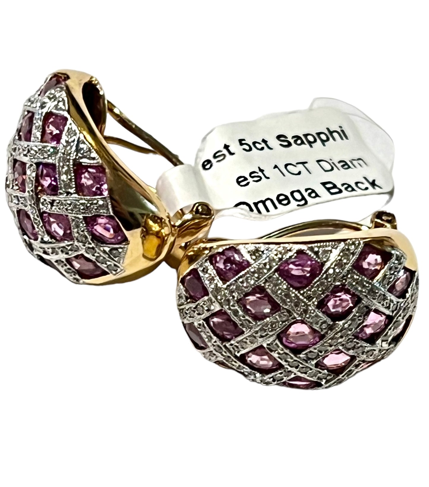 Earring Diamonds sapphire pink 5 cart total 18k gold vintage
4 carat sapphire pink original
1 carat diamonds natural vs f color
18k solid gold
Hand made vintage - diamonds clubs llc