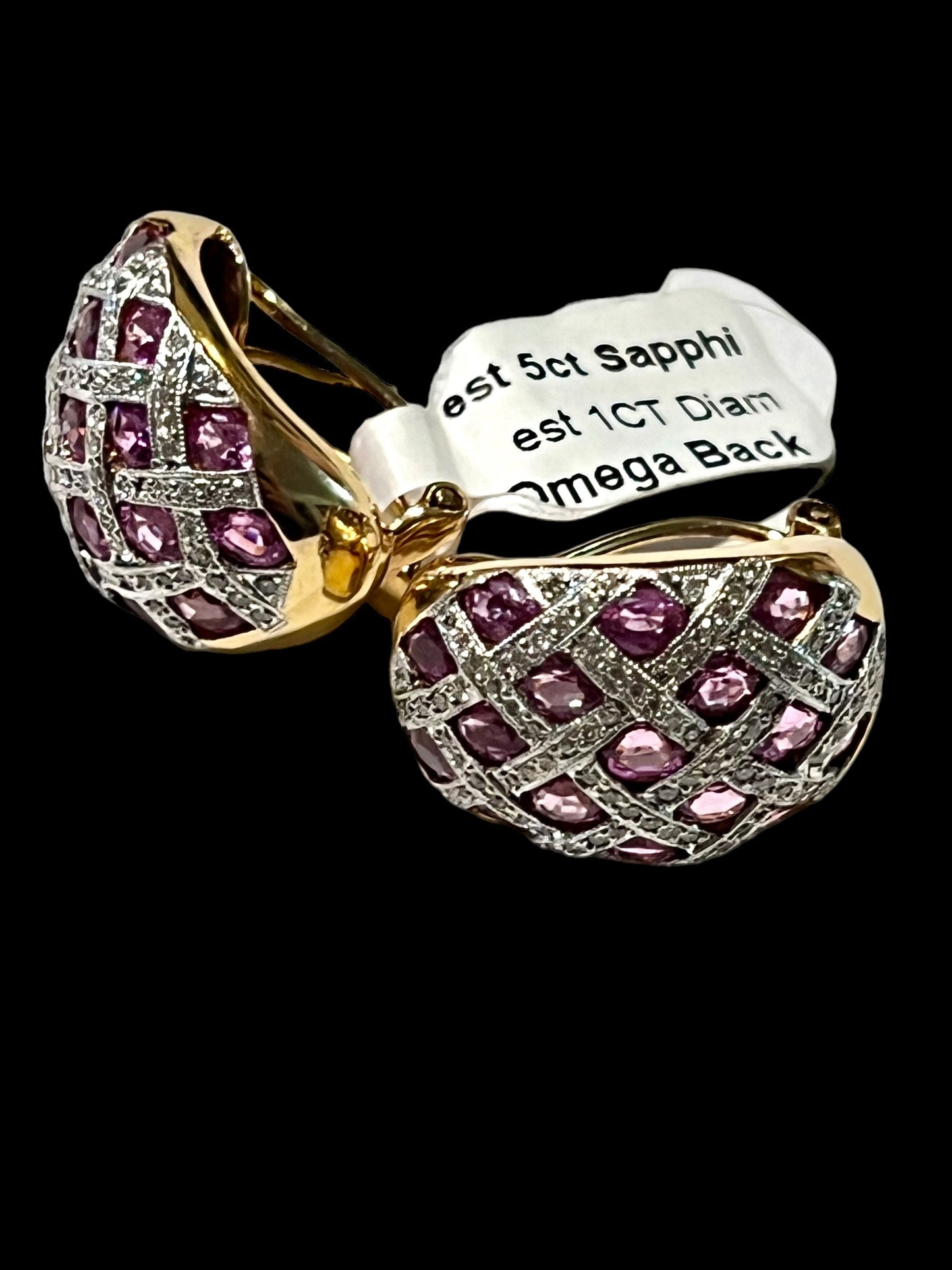 Earring Diamonds sapphire pink 5 cart total 18k gold vintage
4 carat sapphire pink original
1 carat diamonds natural vs f color
18k solid gold
Hand made vintage - diamonds clubs llc