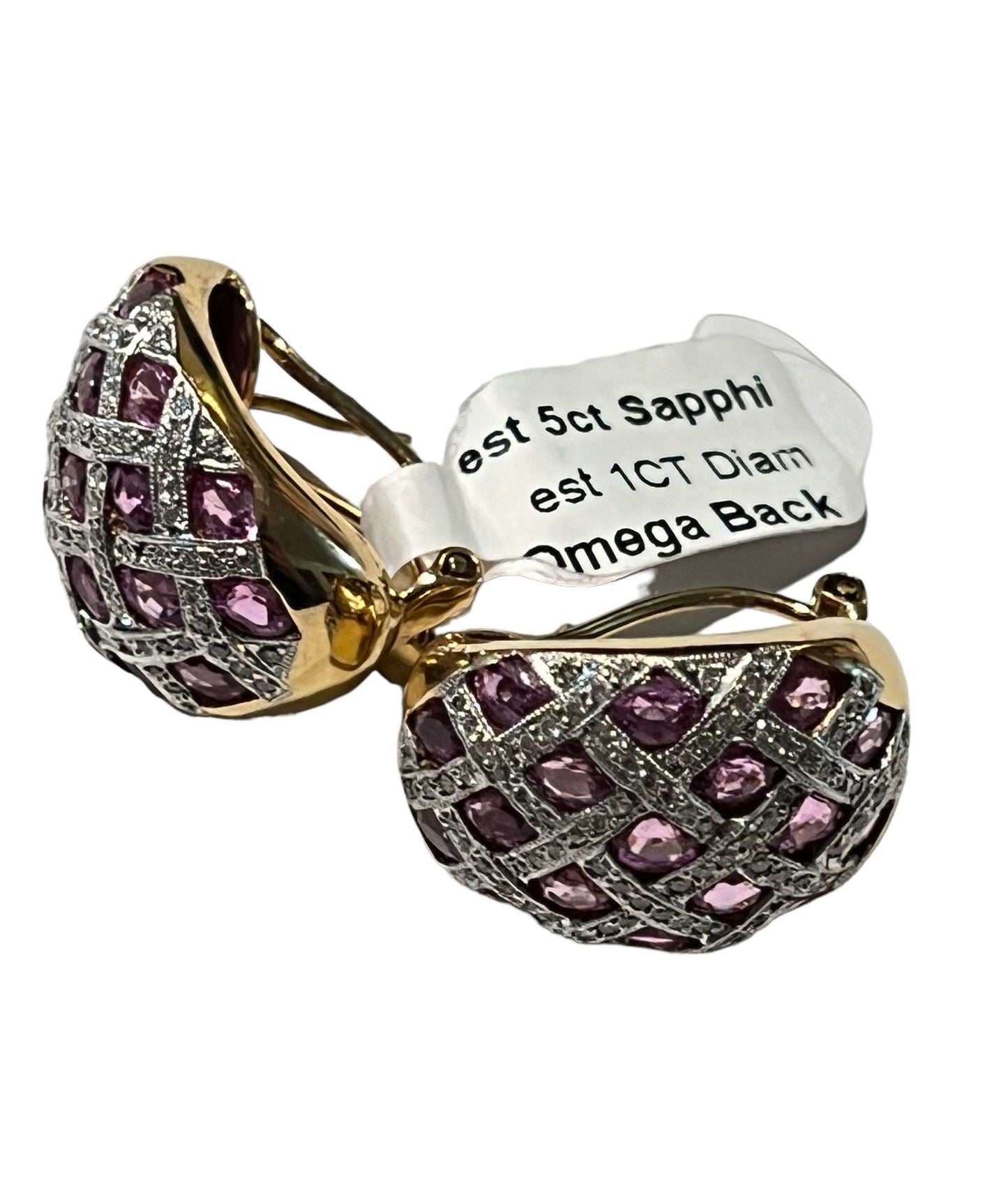 Earring Diamonds sapphire pink 5 cart total 18k gold vintage
4 carat sapphire pink original
1 carat diamonds natural vs f color
18k solid gold
Hand made vintage - diamonds clubs llc