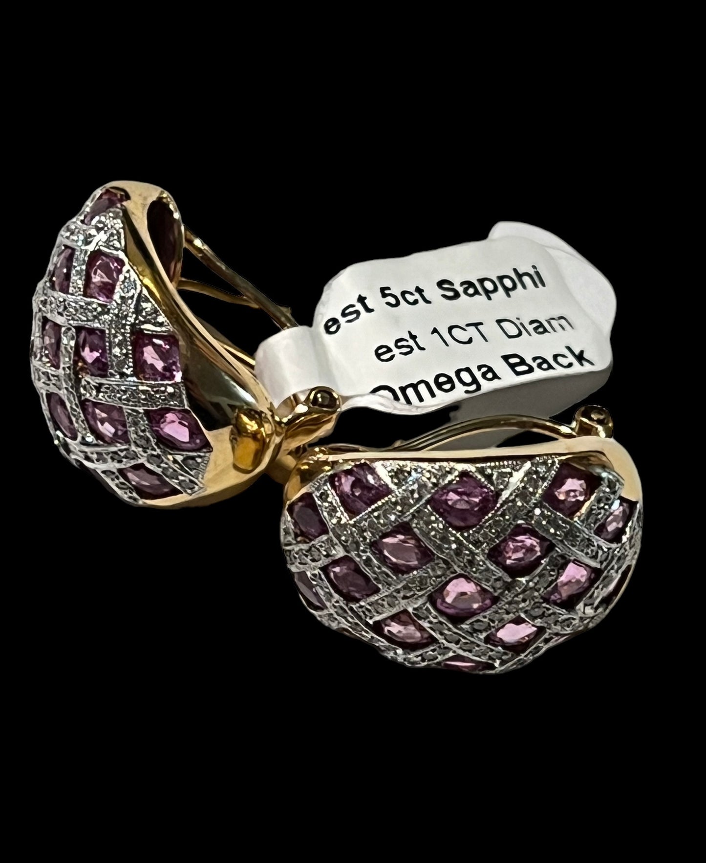 Earring Diamonds sapphire pink 5 cart total 18k gold vintage
4 carat sapphire pink original
1 carat diamonds natural vs f color
18k solid gold
Hand made vintage - diamonds clubs llc