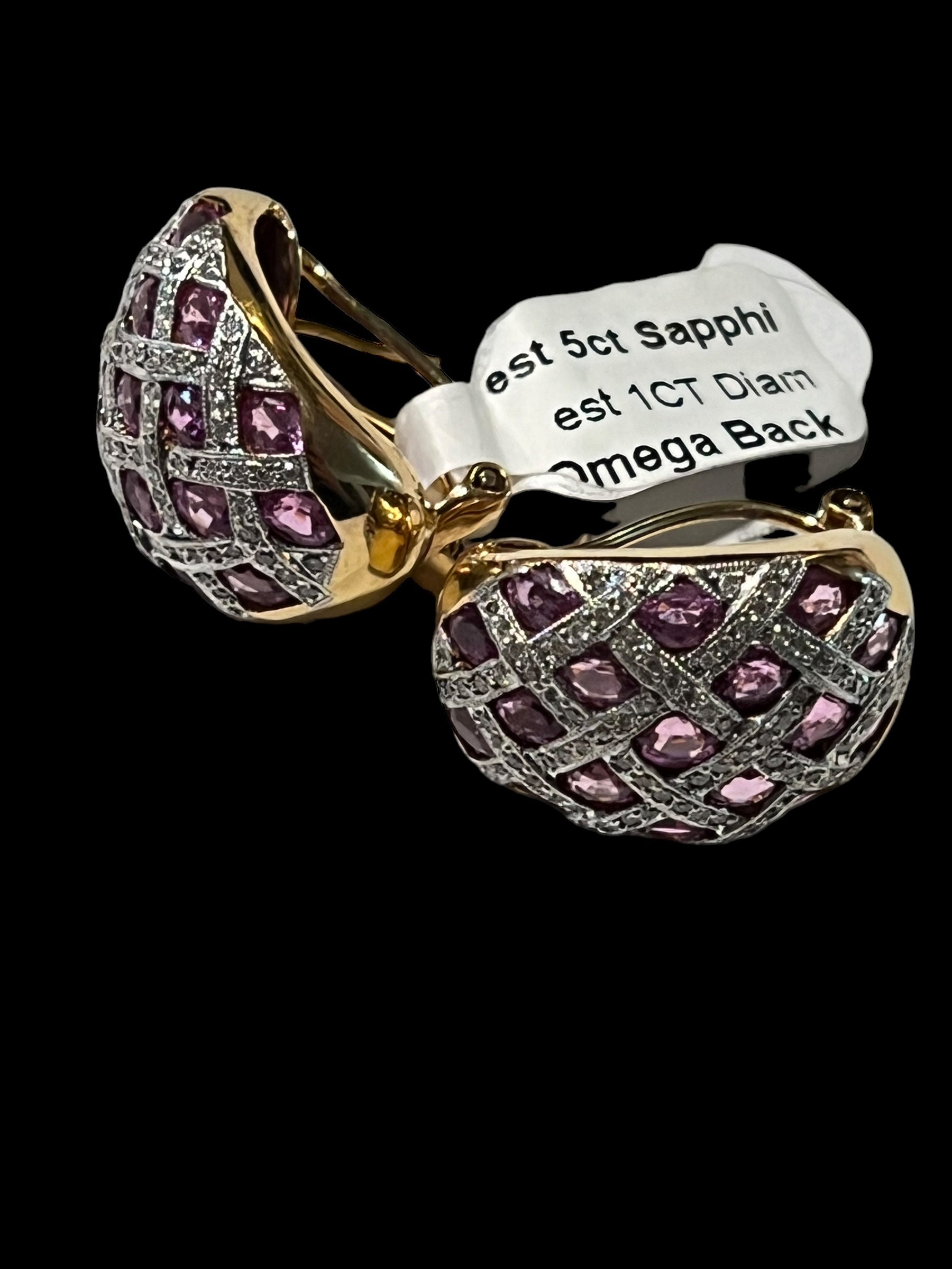 Earring Diamonds sapphire pink 5 cart total 18k gold vintage 
4 carat sapphire pink original
1 carat diamonds natural vs f color
18k solid gold 
Hand made vintage - diamonds clubs llc