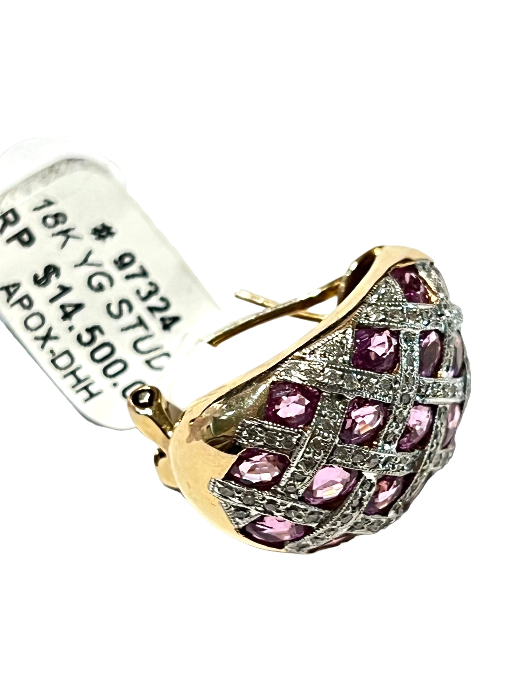 Earring Diamonds sapphire pink 5 cart total 18k gold vintage 
4 carat sapphire pink original
1 carat diamonds natural vs f color
18k solid gold 
Hand made vintage - diamonds clubs llc
